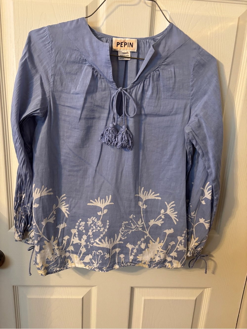Pepin Blue Floral Tie-Neck Peasant Blouse